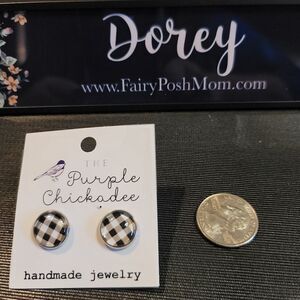 White Plaid Cabochon 12mm Earrings